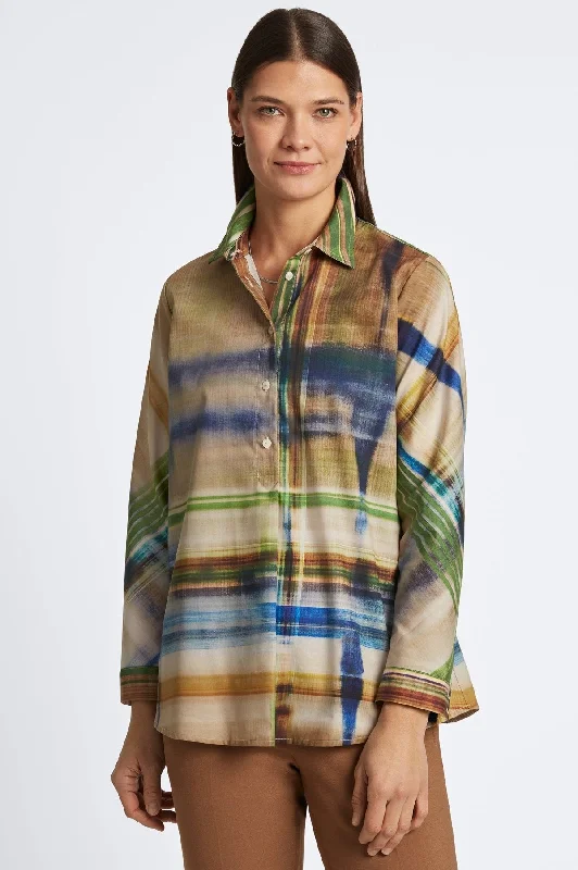 trendy women’s outerwear for cold weather -Delia No Iron Painterly Plaid Shirt