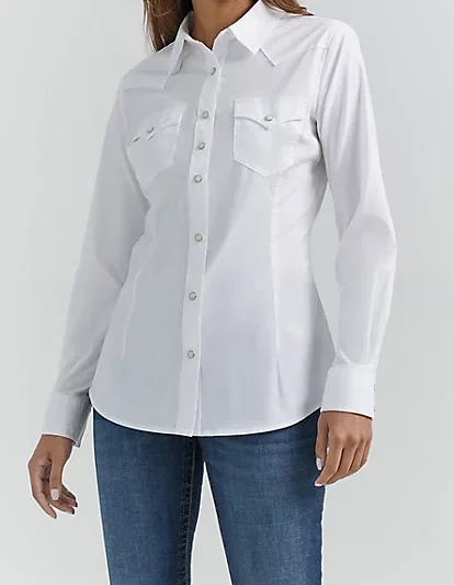 chic outerwear for women’s office style -Wrangler Western Snap Shirt- Womens Long Sleeve White