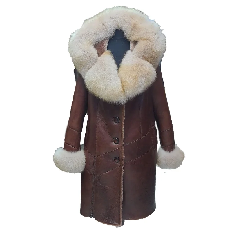 best jackets for women’s business outfits -Burnett Brown Shearling coat with large fox fur hoodie and trim