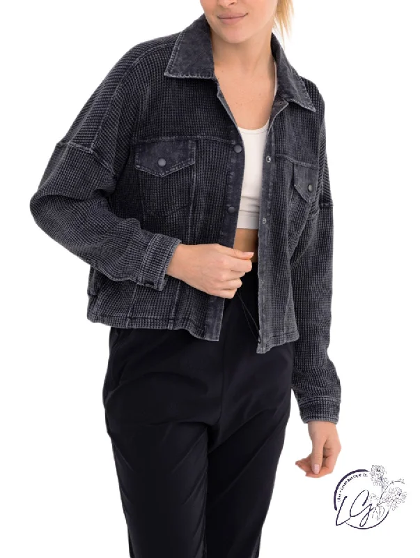 stylish blazers for women’s professional fashion -Waffle Knit Mineral-Washed Cropped Shacket