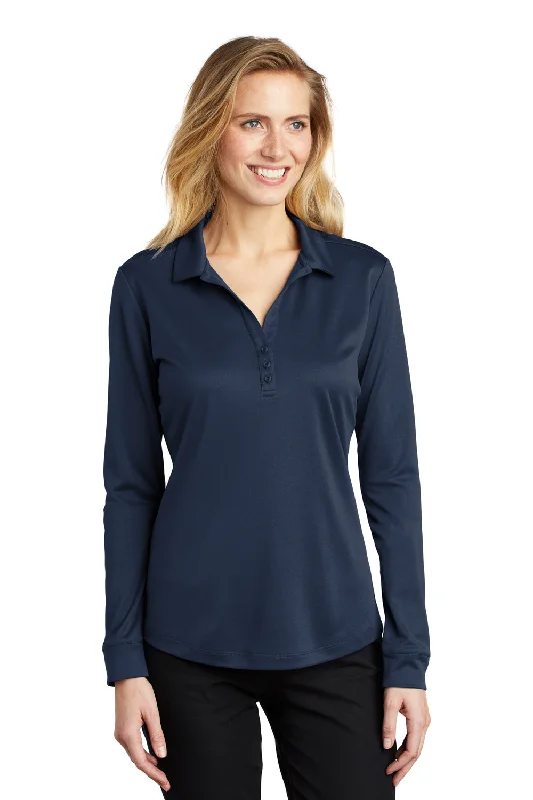 trendy outerwear for women’s winter wardrobe -Port Authority Womens Silk Touch Performance Moisture Wicking Long Sleeve Polo Shirt - Navy Blue