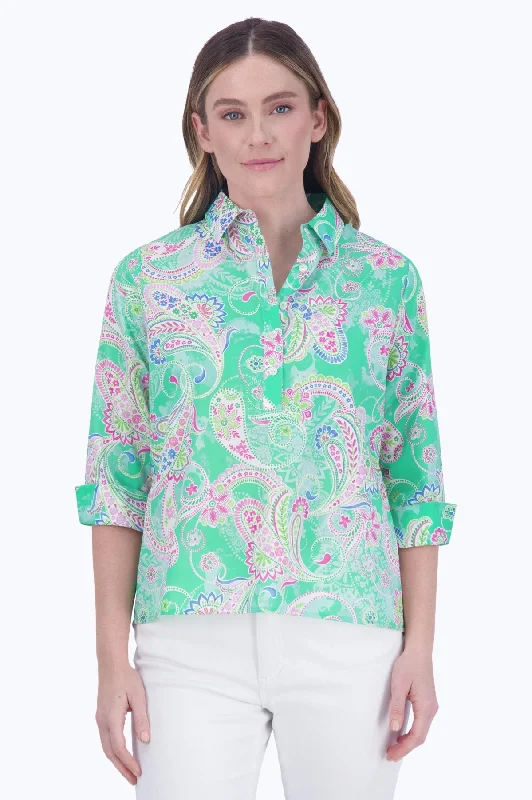 stylish women’s clothing for travel -Therese No Iron Green Paisley Popover Shirt