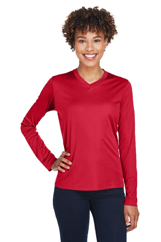 trendy women’s blouses for business attire -Team 365 Womens Zone Performance Moisture Wicking Long Sleeve Crewneck T-Shirt - Red