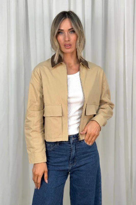 fashionable outerwear for women’s cold weather -Daisy Cropped Jacket In Beige Mix