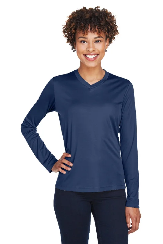 stylish cardigans for women’s office wear -Team 365 Womens Zone Performance Moisture Wicking Long Sleeve Crewneck T-Shirt - Dark Navy Blue