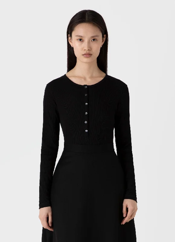 trendy women’s dresses for casual events -Women's Rib Henley in Black