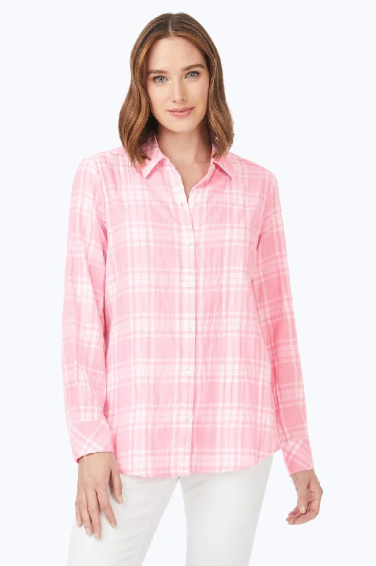 trendy women’s dresses for casual events -Rhea Puckered Spring Plaid Shirt, Pink