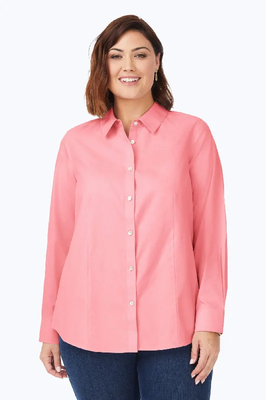 affordable summer clothing for women -Dianna Plus Pinpoint No Iron Long Sleeve Shirt, Pink Peach