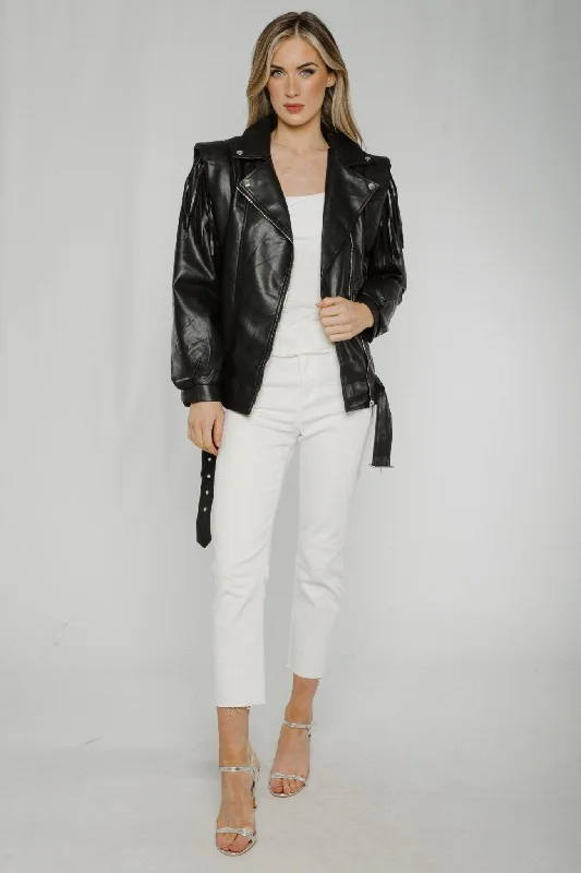 stylish women’s pants for formal settings -Caitlyn Fringed Leather Jacket In Black