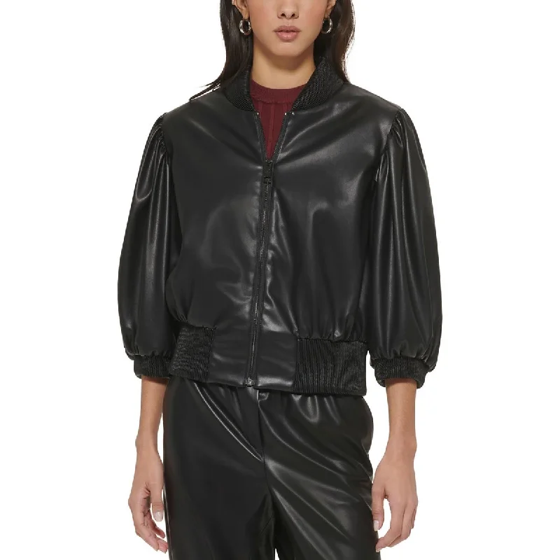 unique jumpsuits for women’s summer fashion -DKNY Womens Faux Leather Short Bomber Jacket