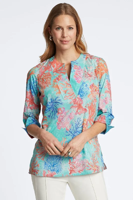 elegant clothing for women’s night outs -Vena No Iron Sea Coral Popover Shirt