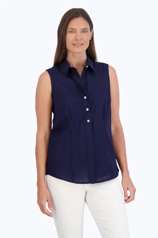 fashionable dresses for women’s parties -Ashley Easy Care Solid Navy Linen Sleeveless Shirt