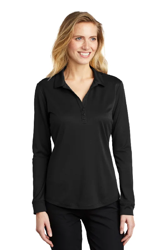 stylish sweaters for women’s fall wardrobe -Port Authority Womens Silk Touch Performance Moisture Wicking Long Sleeve Polo Shirt - Black