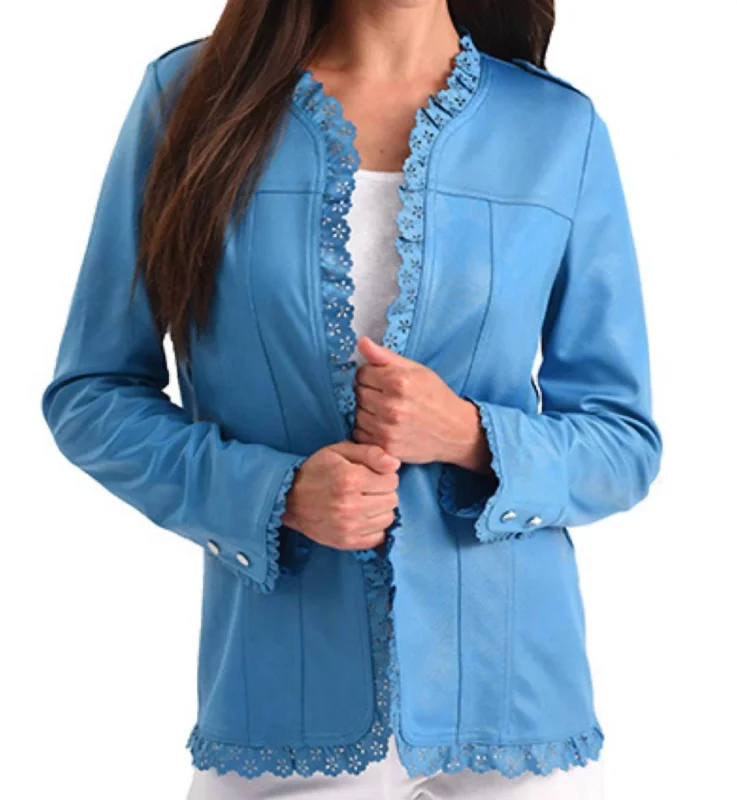 classic coats for women’s fall outfits -Microfiber Leather Laser Cut Open Jacket In Turquoise