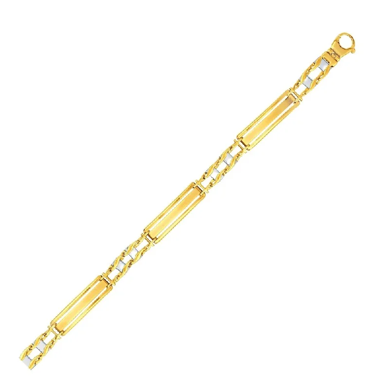 stylish gold necklaces for everyday wear -14k Two-Tone Gold Fancy Bar Style Men's Bracelet with Curved Connectors