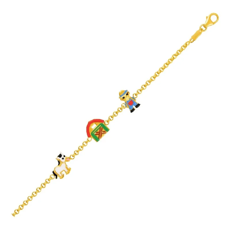 trendy women’s necklaces for every season -14k Yellow Gold Childrens Bracelet with Enameled Farm Figures