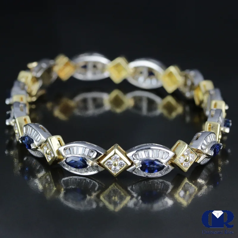 stylish women’s earrings for wedding guests -Women's 8.03 Carat Diamond & Sapphire Tennis Bracelet In 14K White & Yellow Gold