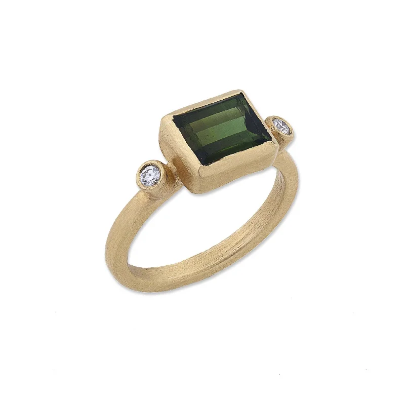 trendy rings for women’s daily wear -22K Yellow Gold "Love" Green Tourmaline Stacking Ring With Round Diamonds