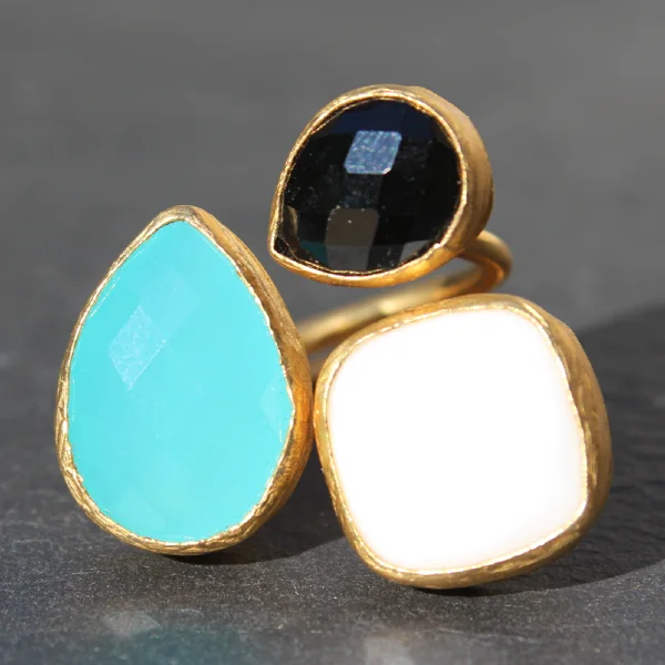 stylish women’s earrings for casual events -Egypt Ring - 24k Gold Dipped Triple Gemstone Floating Ring