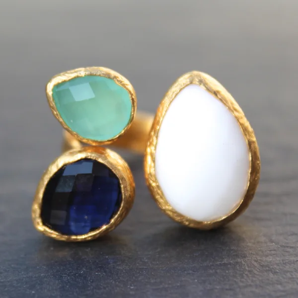 chic women’s earrings for formal attire -Egypt Ring - 24k Gold Dipped Triple Gemstone Floating Ring