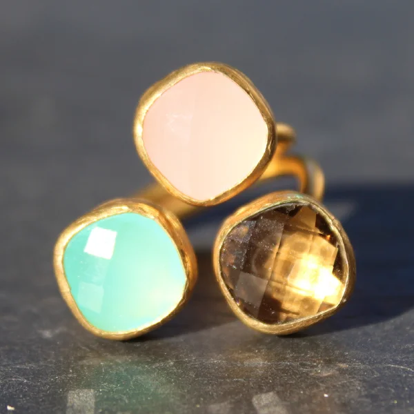 stylish gold jewelry for women’s outfits -Egypt Ring - 24k Gold Dipped Triple Gemstone Floating Ring