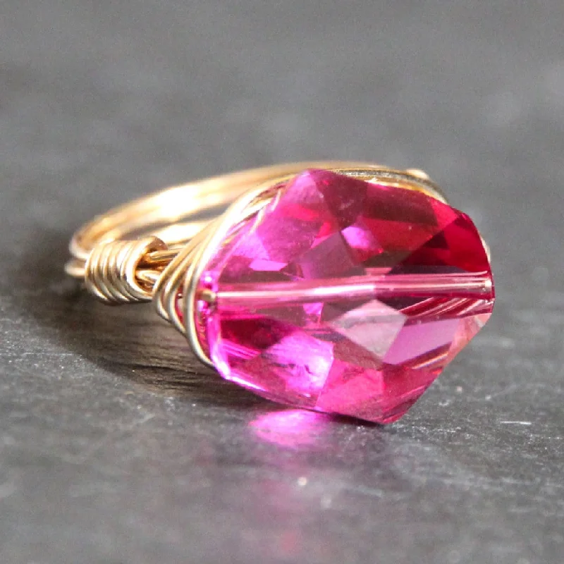 fashionable women’s bracelets for night outs -Gem Pop Ring - 18k Gold & Fuschia Swarovski Crystal Wire Wrapped Ring