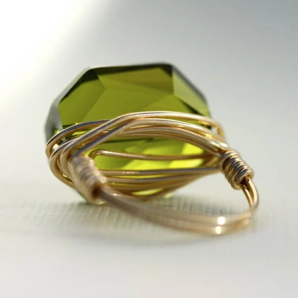 affordable gemstone rings for women -Gem Pop Ring - 18k Gold & Olive Green Swarovski Crystal Wire Wrapped Ring