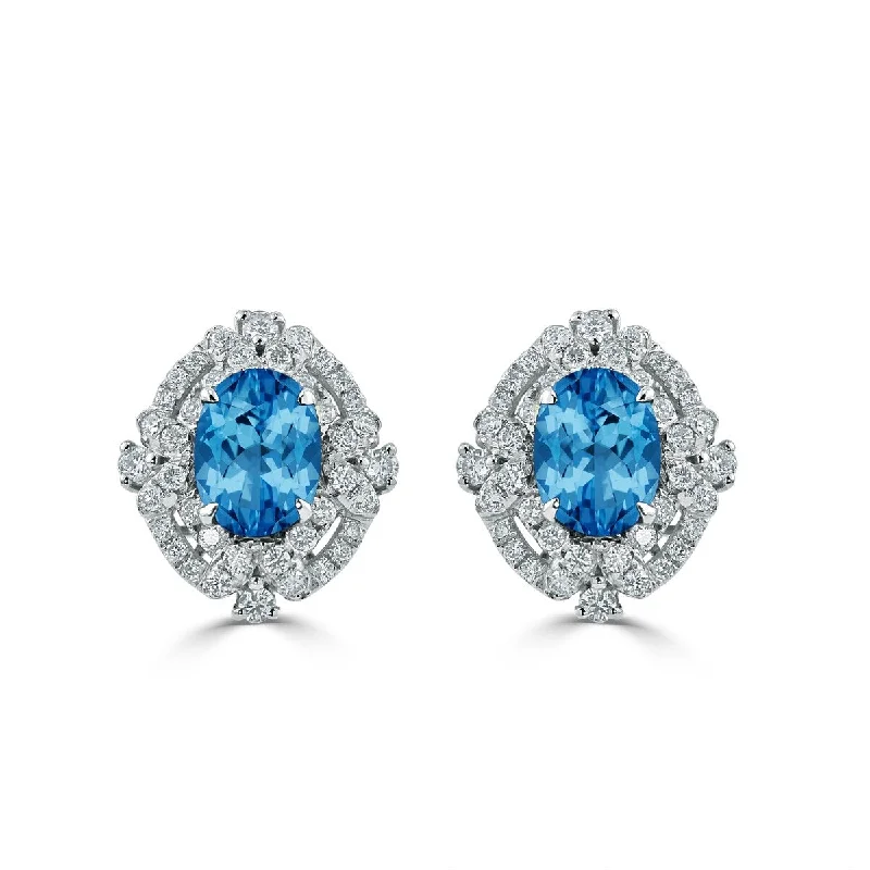 fashionable rings for women’s evening parties -Auriya 3 1/5ct Vintage Oval-cut Blue Topaz Halo Diamond Stud Earrings 5/8ctw 18k Gold