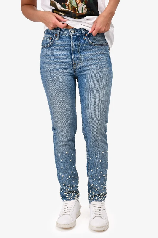 chic clothing for women’s evening gatherings -GRLFRND Blue Denim Pearl Embellished Jeans Size 27