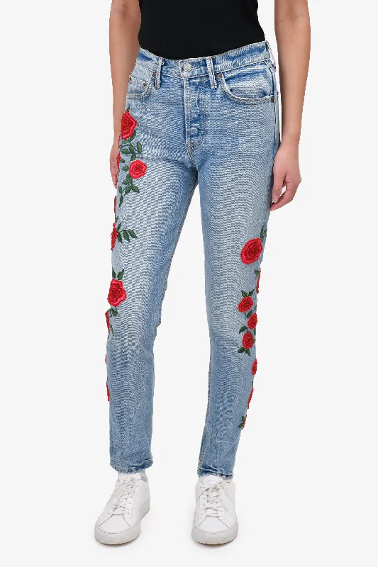 unique jumpsuits for women’s summer fashion -GRLFRND Blue Denim Rose Embroidered Jeans Size 24