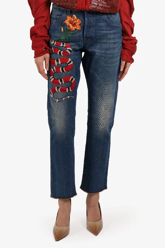 fashionable skirts for women’s spring looks -Gucci Blue Denim Kingsnake Embroidered Jeans Size 32