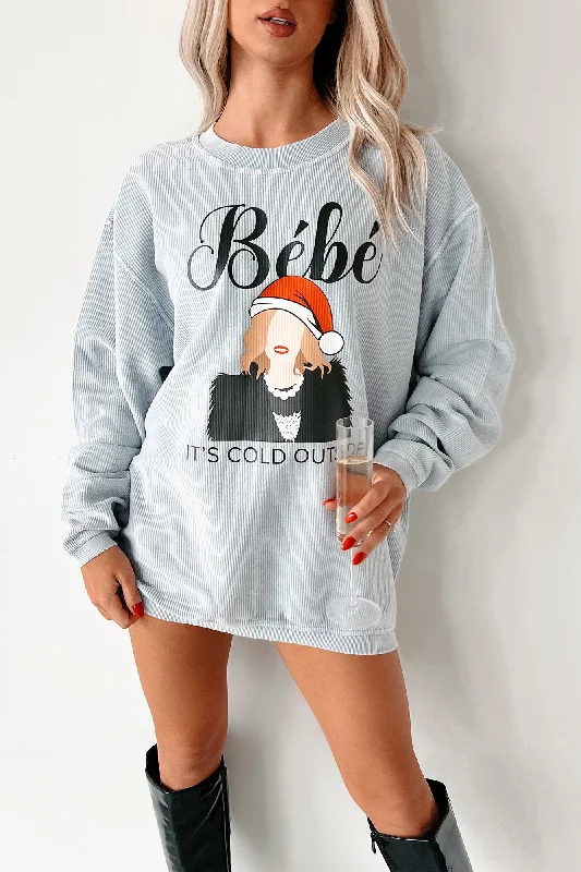 comfortable sweaters for women’s cold weather -"Bebe It's Cold Outside" Corded Graphic Crewneck (Faded Denim) - Print On Demand