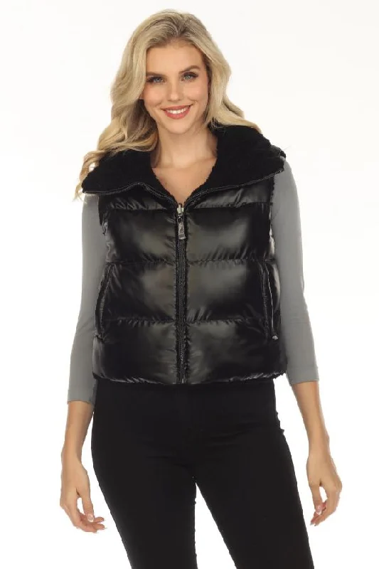 comfortable sweaters for women’s cold weather -Belle Fare Premium Black The Lodi Faux Shearling Reversible Vest FXV67