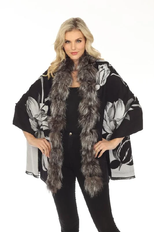 best women’s clothes for professional wear -Belle Fare Real Silver Fox Trim Cashmere Blend Floral Wrap Cover-Up MS20