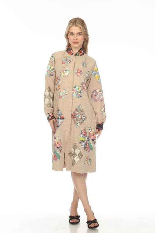 affordable dresses for women’s wedding events -Johnny Was Biya Beige Glina Applique Long Sleeve Coat Boho Chic B50522