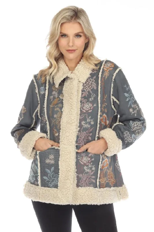 trendy outerwear for women’s winter wardrobe -Johnny Was Biya Grey Splendid Suede Floral Embroidered Coat Boho Chic B49722-E