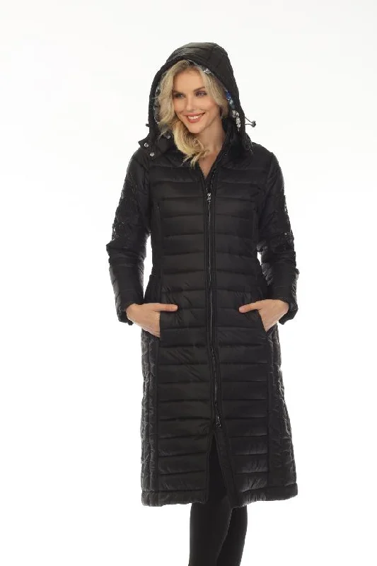 chic clothing for women’s evening gatherings -Johnny Was Black Sano Ski Zip Front Hooded Long Puffer Coat Boho Chic R48723