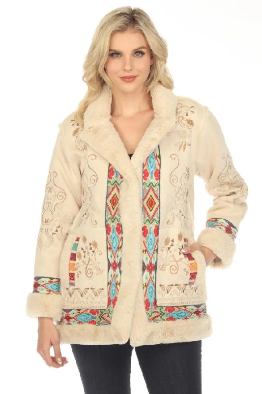 comfortable dresses for women’s day trips -Johnny Was Cream Hepburn Ski Embroidered Faux Fur Coat Boho Chic R48523