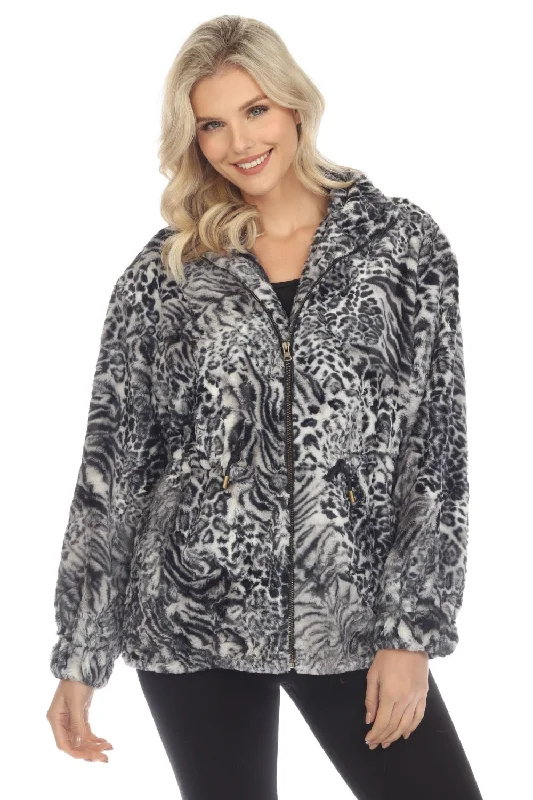 unique dresses for women’s special occasions -Johnny Was Workshop Smoke Leopard Faux Fur Drawstring Coat Boho Chic W49722-O