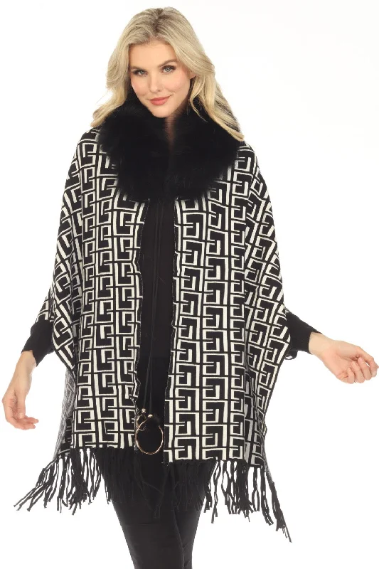 unique women’s clothing for stylish looks -OO LA LA Black/White Meander Pattern Real Fur Collar Fringe Cape M7175