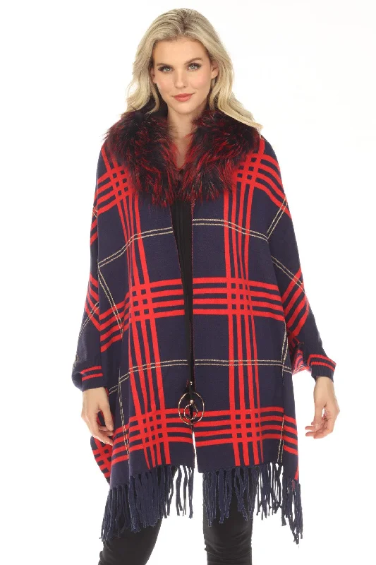 stylish casual dresses for women -OO LA LA Navy Plaid Pattern Real Fur Collar Fringe Cape M1540