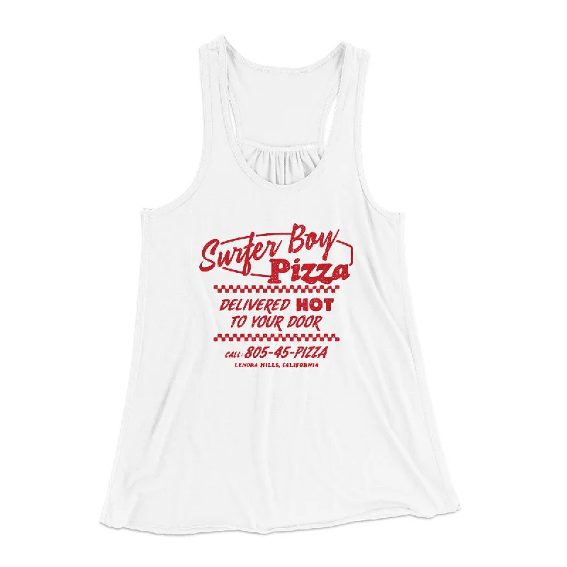 unique women’s clothing for stylish looks -Surfer Boy Pizza Women's Flowey Racerback Tank Top