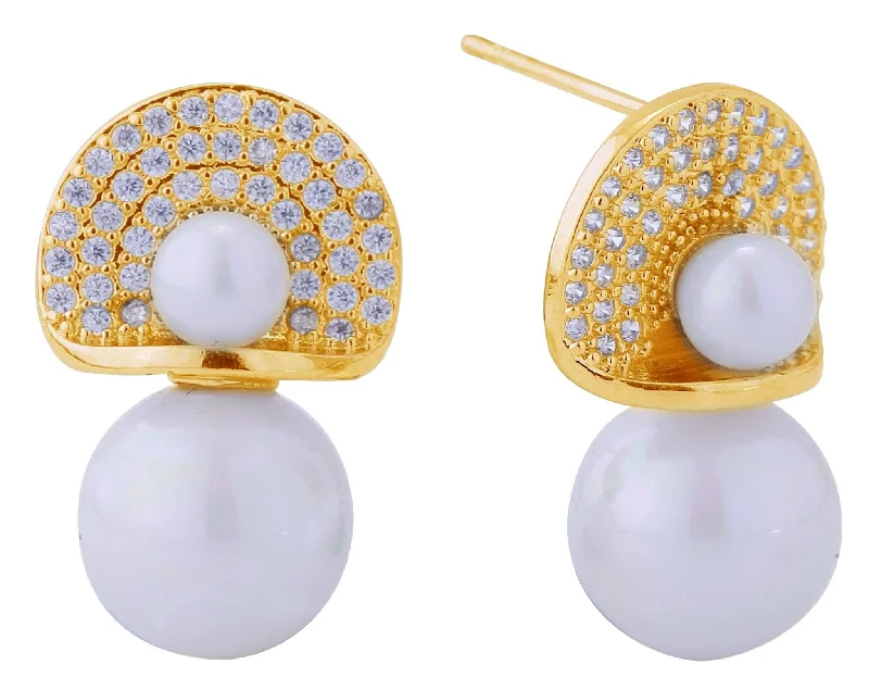 stylish women’s bags for weekend getaways -DJE310898 14K Double Pearl Pave CZ Post Earrings