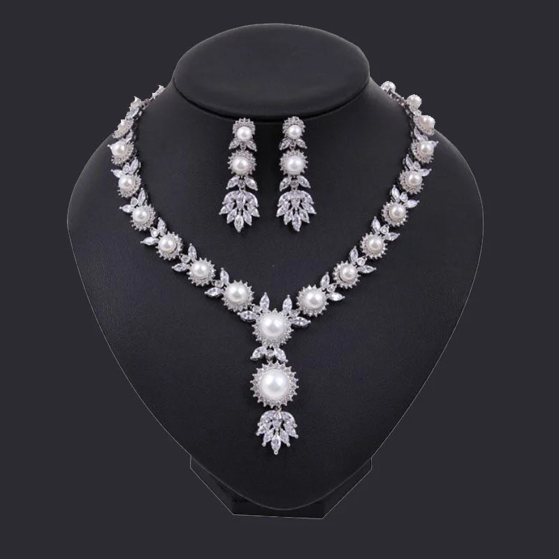 trendy handbags for women’s city style -Luxy Moon Pearl Necklace Cubic Zirconia Wedding Jewelry Sets