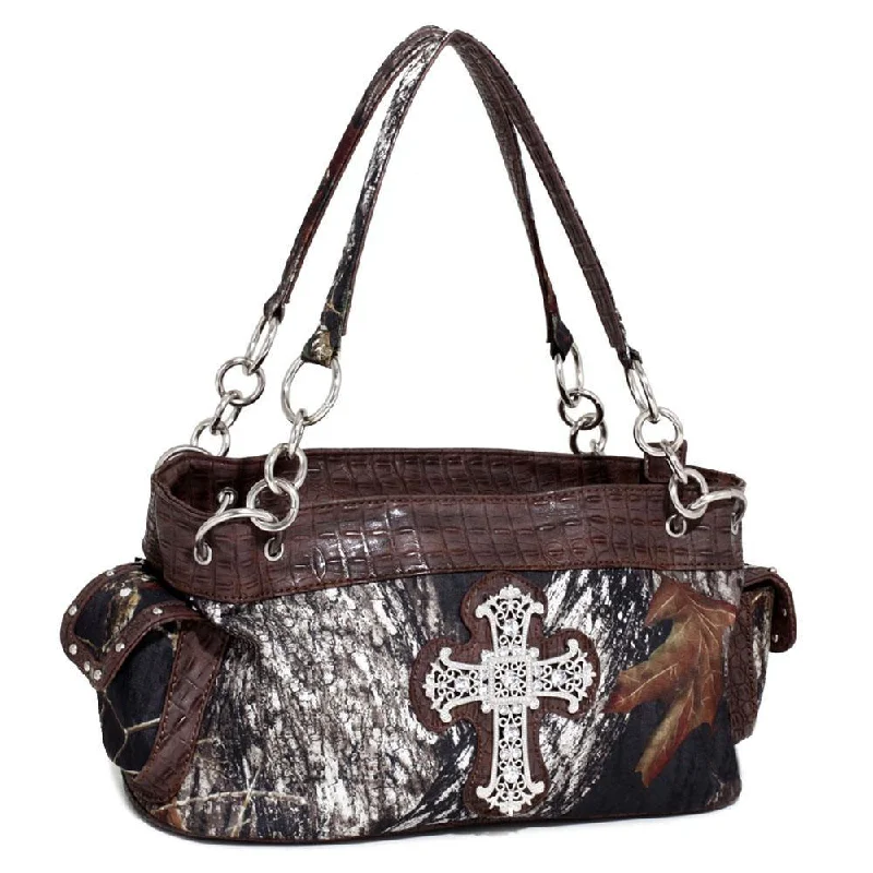 trendy handbags for women in 2025 -Mossy Wide Camouflage Shoulder Bag with Rhinestone Cross