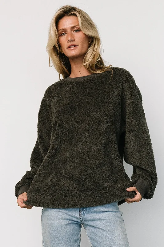 chic outerwear for women’s casual wear -Brina Teddy Crewneck | Charcoal Gray