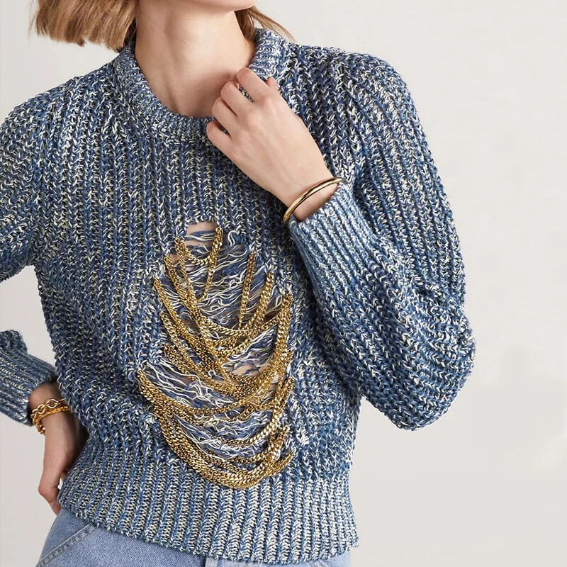 fashionable dresses for women’s parties -Chic Metal Chain Embellished Distressed Front Marled Knit Pullover Sweater - Blue