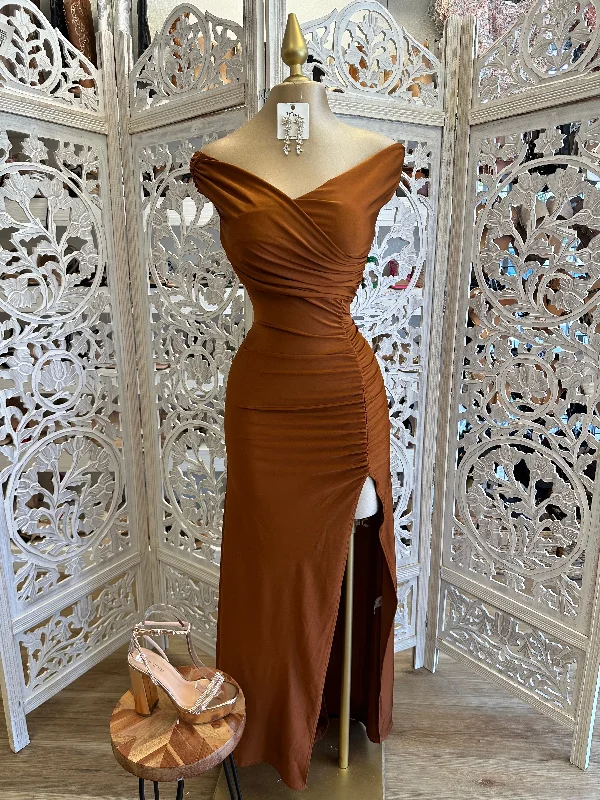 comfortable dresses for women’s day trips -Copper Wrapped Formal Dress