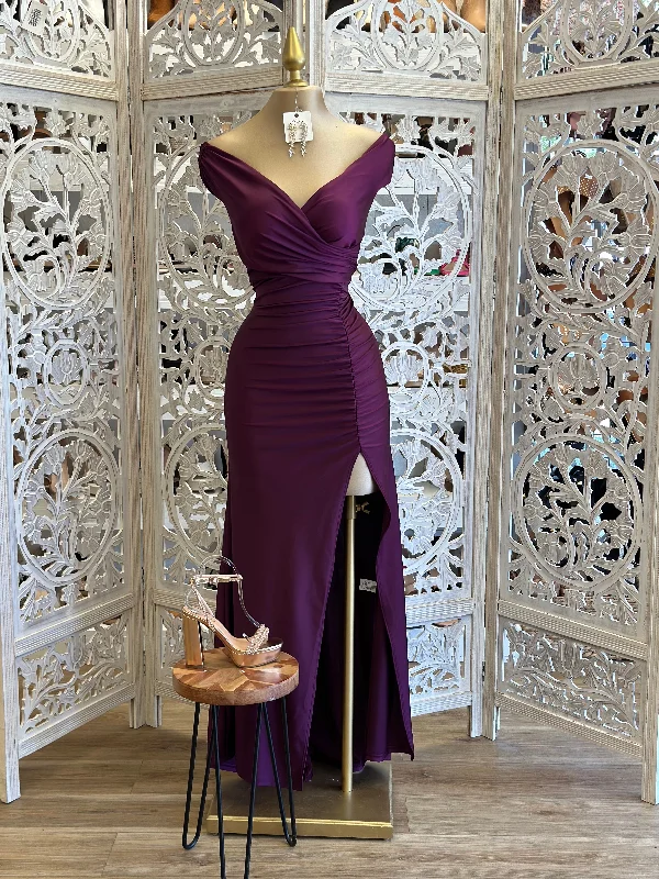 best winter dresses for women’s fashion -Dark Purple Wrapped Formal Dress