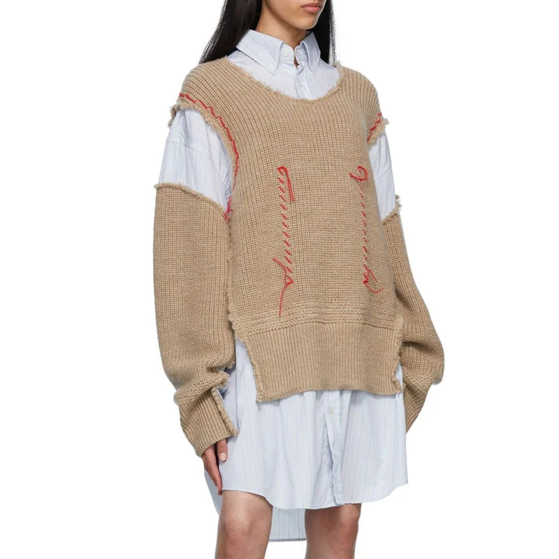 casual wear for women’s weekend fashion -Deconstructed Frayed Trim Contrast Stitch Layer Effect Oversized Shirt - Stripe